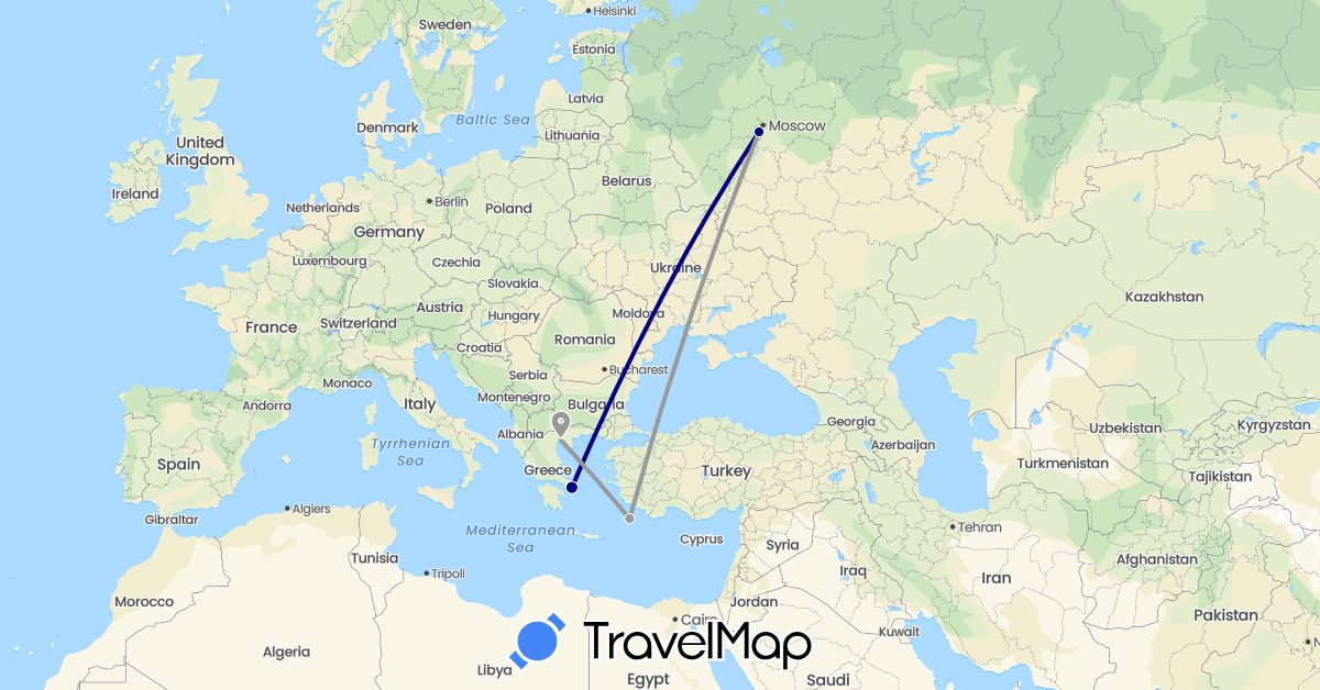 TravelMap itinerary: driving, plane in Greece, Russia (Europe)